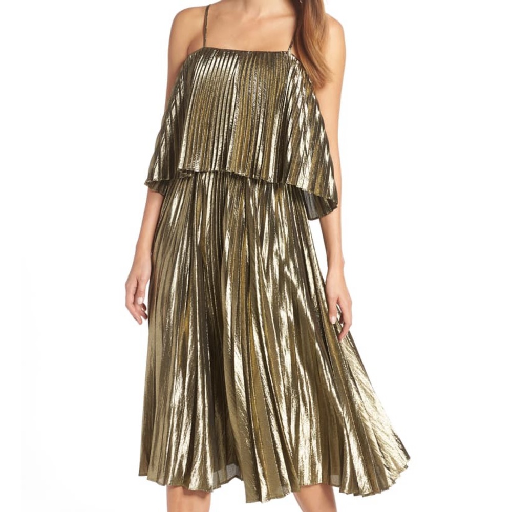 J Crew Gold Collection Pleated Midi Cocktail Dress